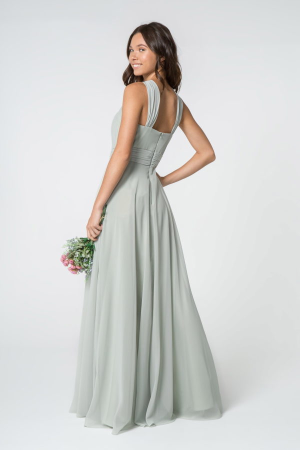 High-Neck Chiffon Ruched-Bodice A-Line Long Dress - RoshelLuxe.com