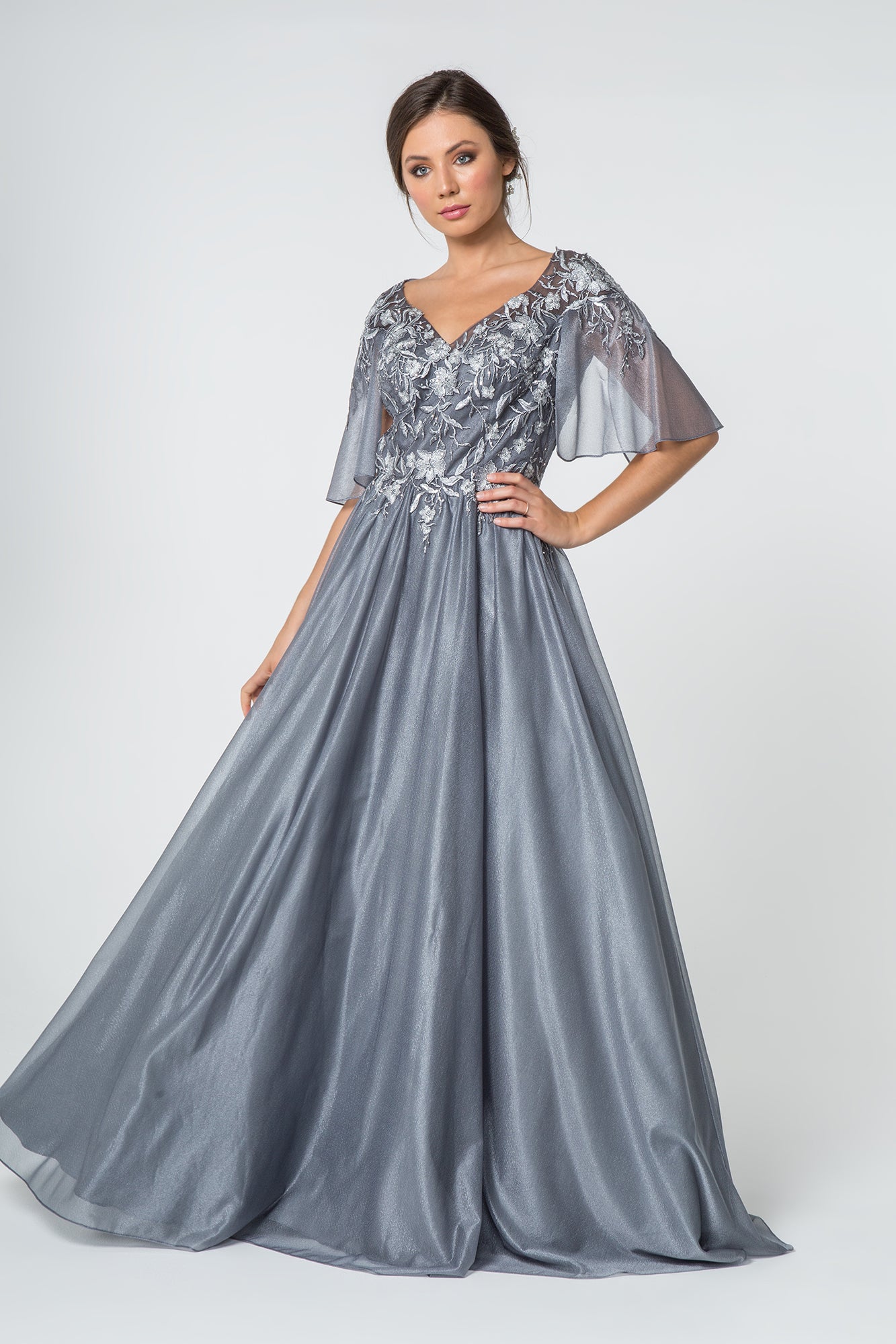Cape-Sleeve Lace Embellished V-Neck Long Dress - RoshelLuxe.com