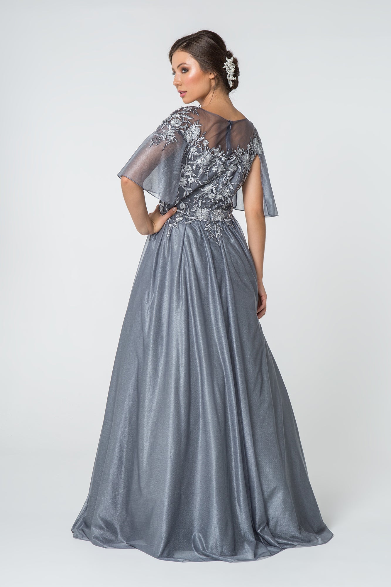 Cape-Sleeve Lace Embellished V-Neck Long Dress - RoshelLuxe.com
