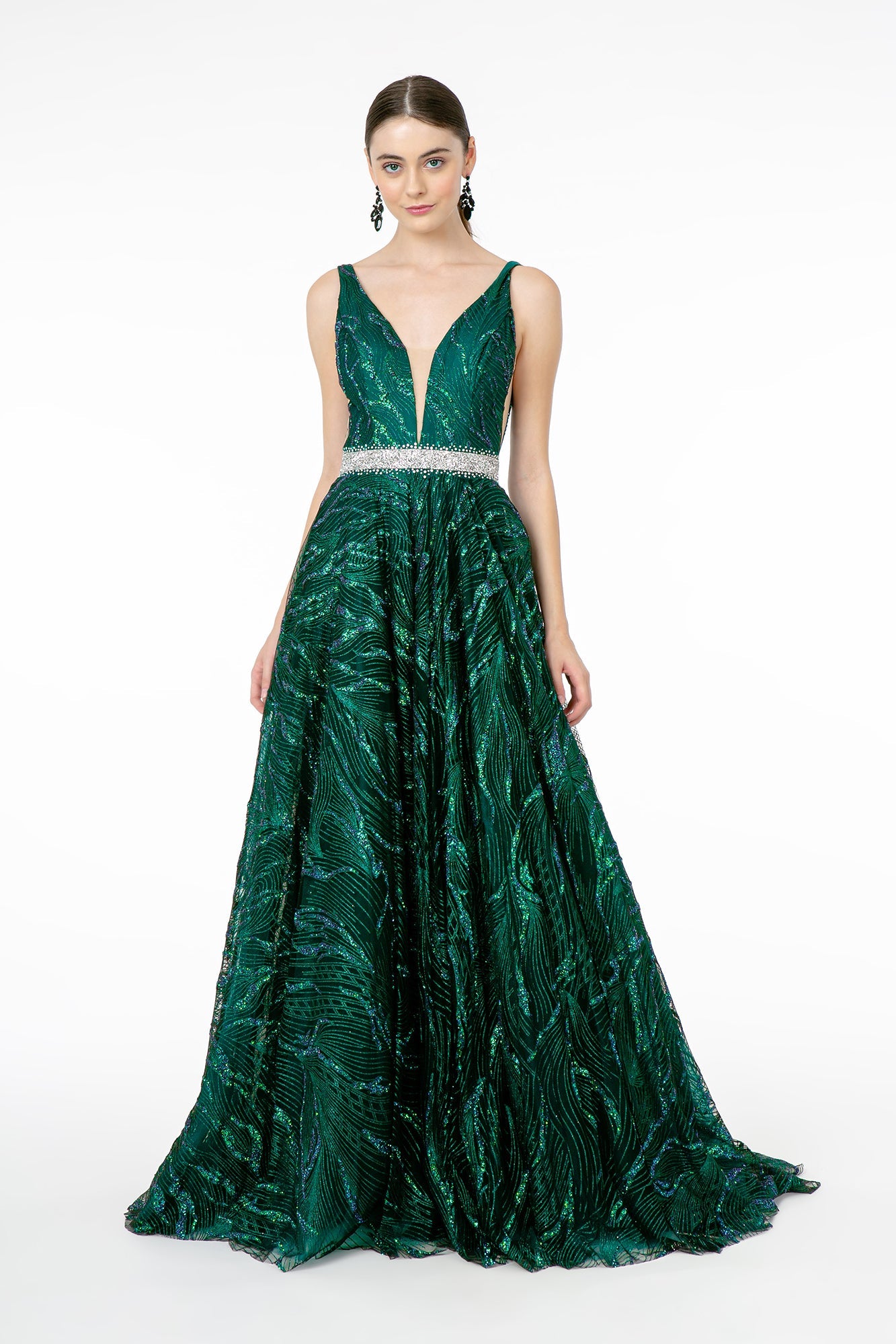 Jewel Accented Waist Glitter Long A-line Silhouette Dress from GLS by Gloria - RoshelLuxe.com