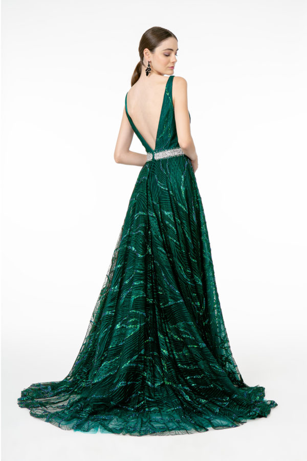 Jewel Accented Waist Glitter Long A-line Silhouette Dress from GLS by Gloria - RoshelLuxe.com
