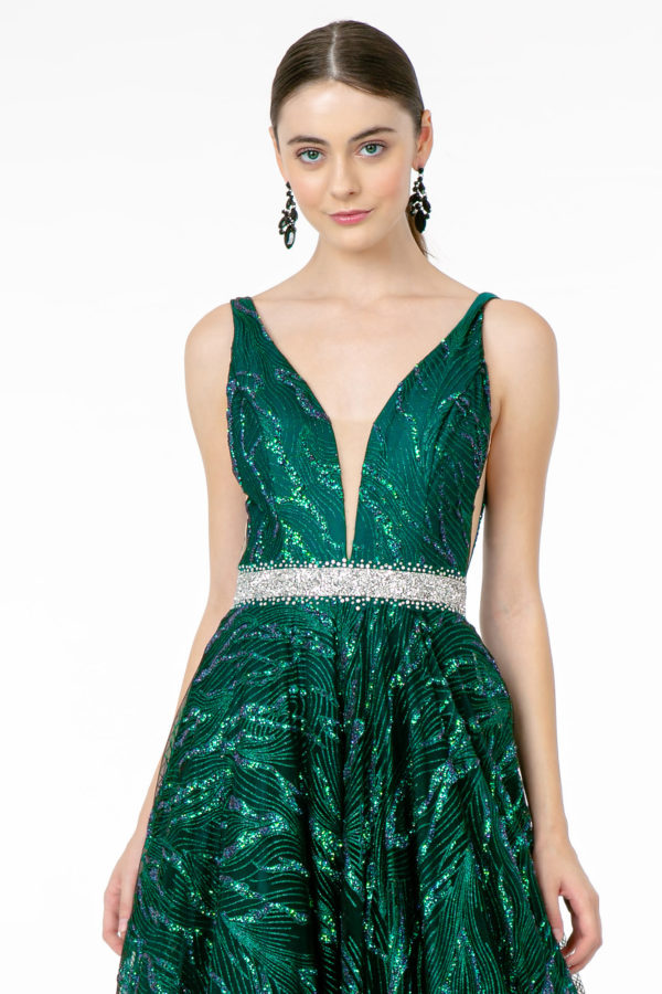 Jewel Accented Waist Glitter Long A-line Silhouette Dress from GLS by Gloria - RoshelLuxe.com