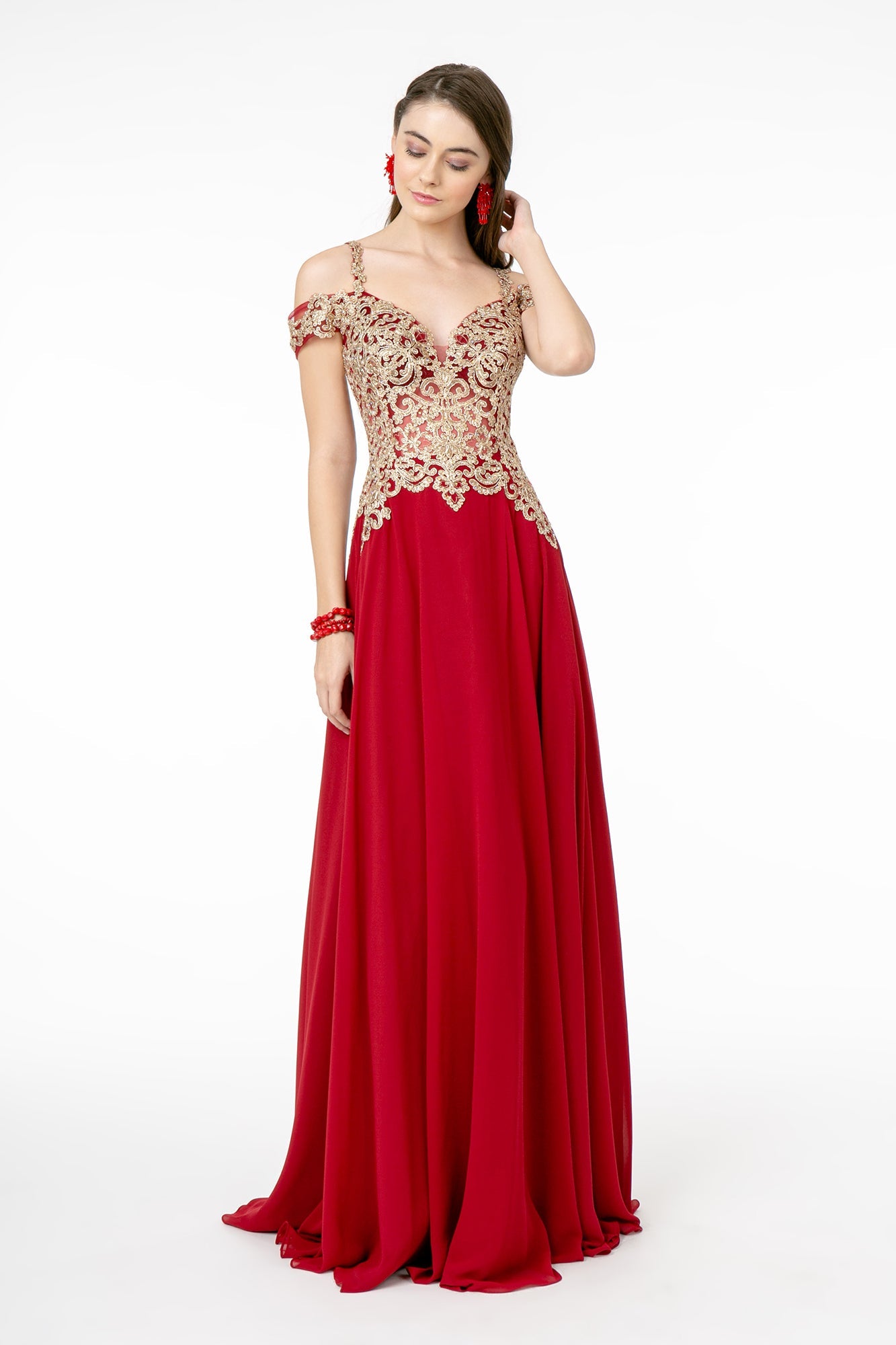 Cut-Away Shoulder Embroidered Bodice Chiffon A-Line Dress - RoshelLuxe.com
