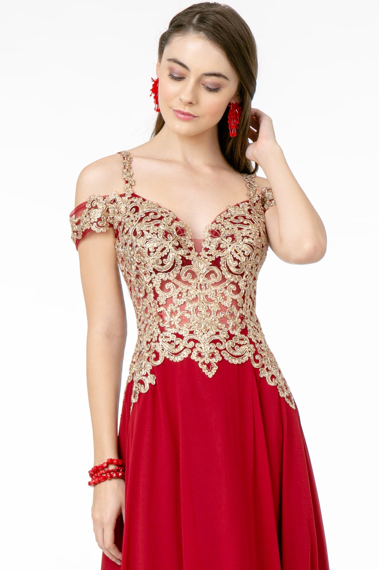Cut-Away Shoulder Embroidered Bodice Chiffon A-Line Dress - RoshelLuxe.com