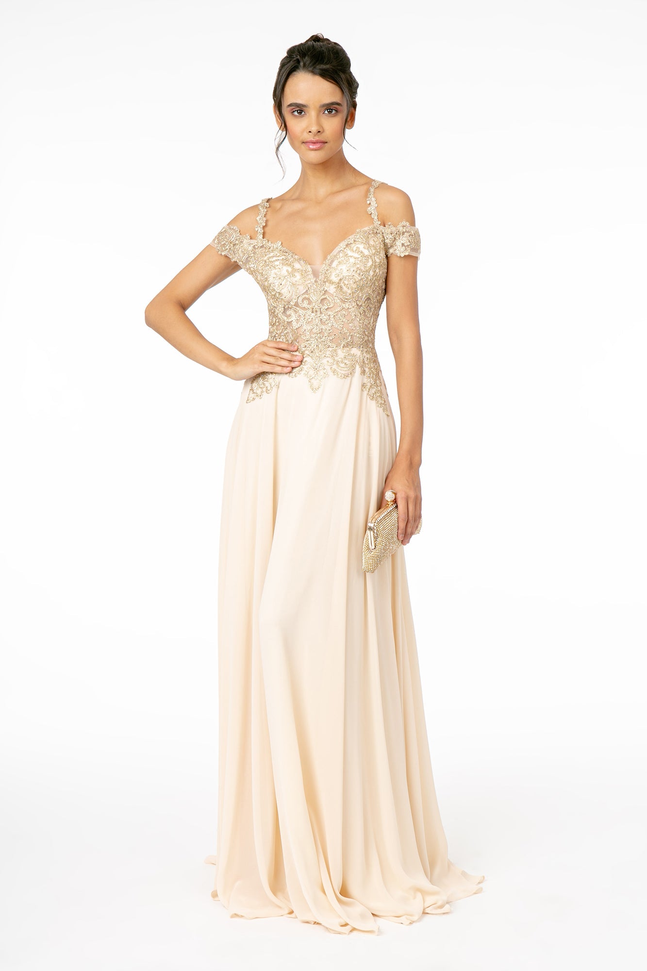 Cut-Away Shoulder Embroidered Bodice Chiffon A-Line Dress - RoshelLuxe.com