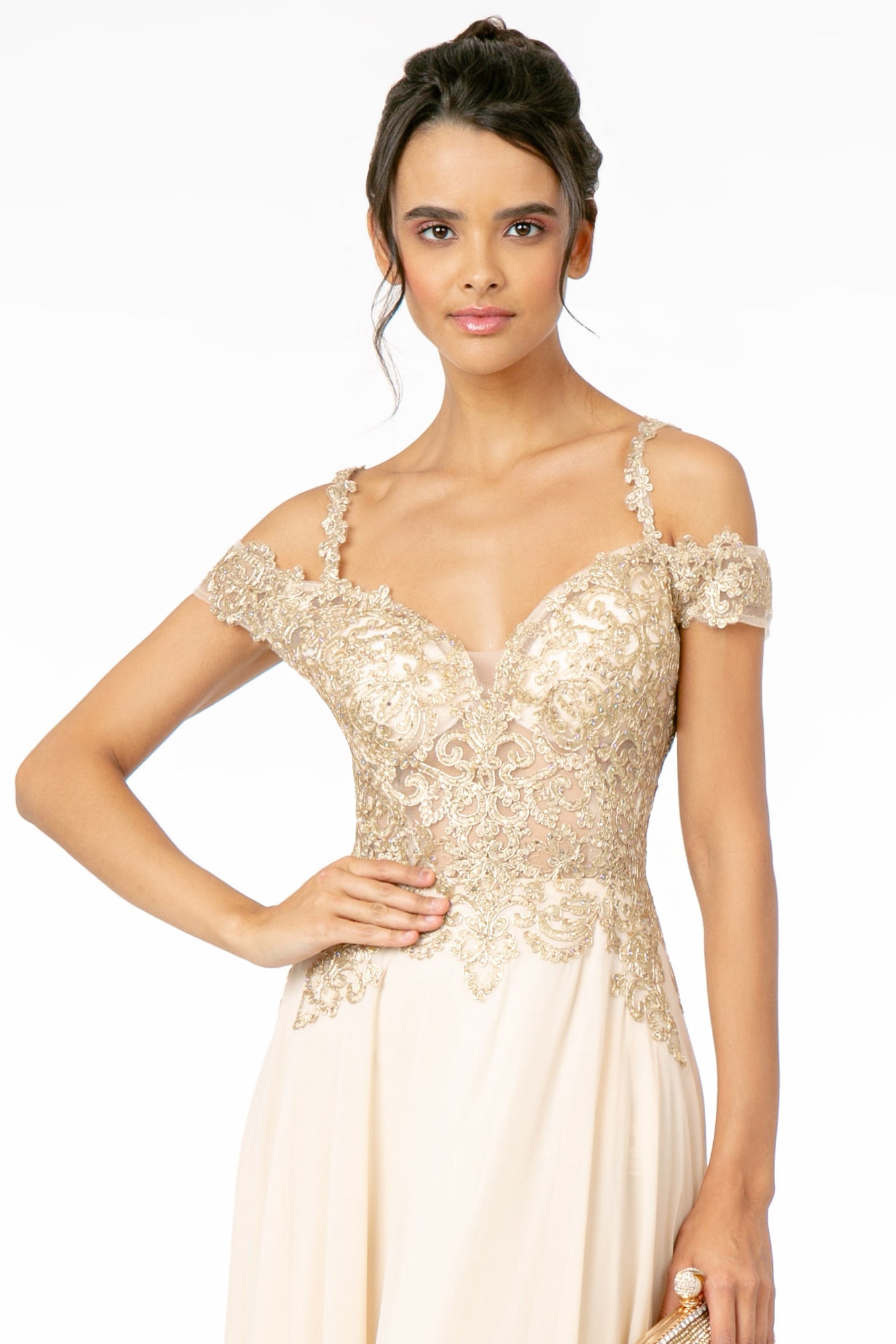 Cut-Away Shoulder Embroidered Bodice Chiffon A-Line Dress - RoshelLuxe.com