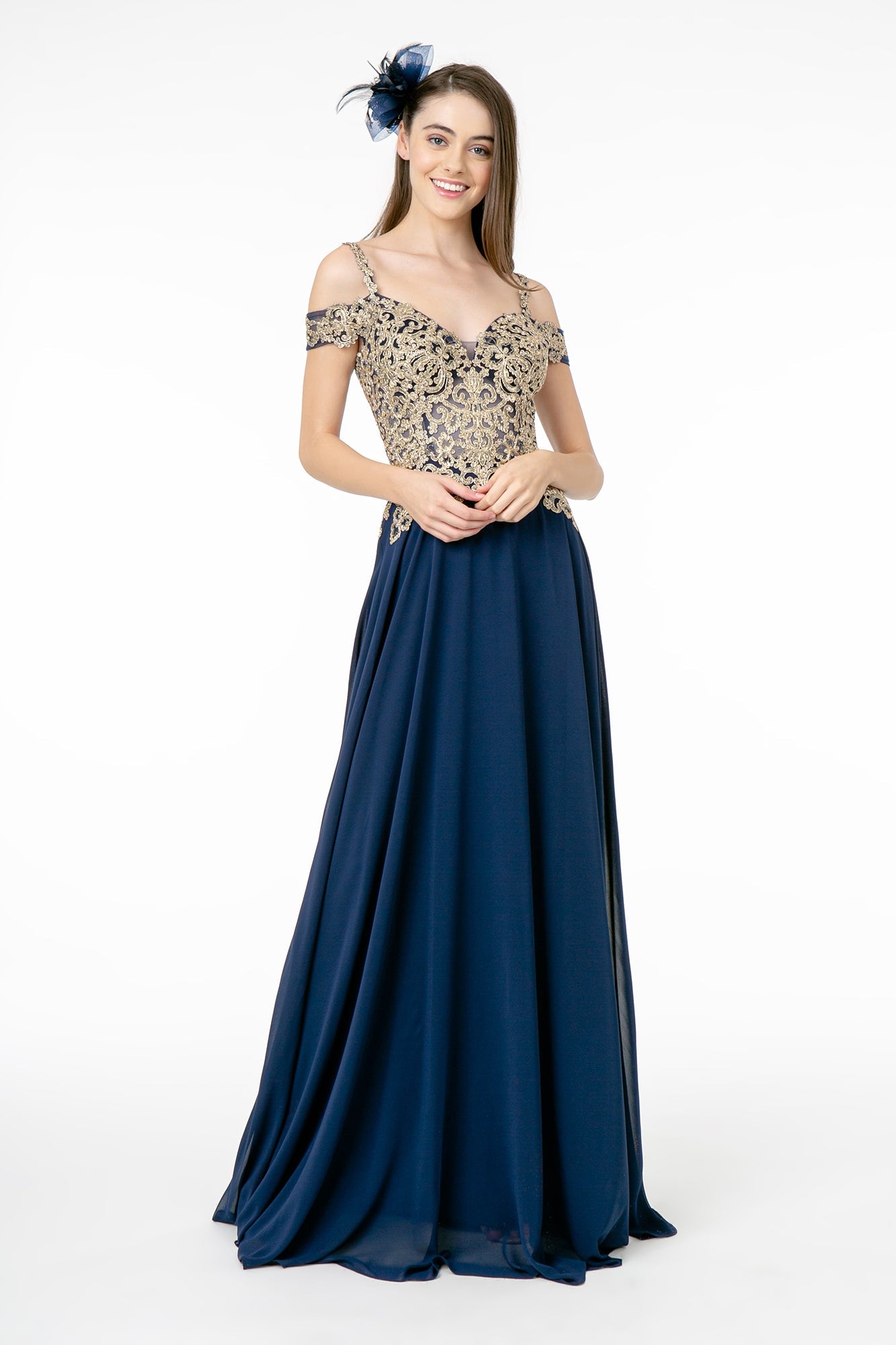 Cut-Away Shoulder Embroidered Bodice Chiffon A-Line Dress - RoshelLuxe.com