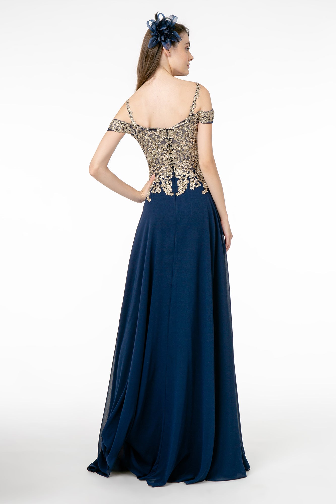 Cut-Away Shoulder Embroidered Bodice Chiffon A-Line Dress - RoshelLuxe.com
