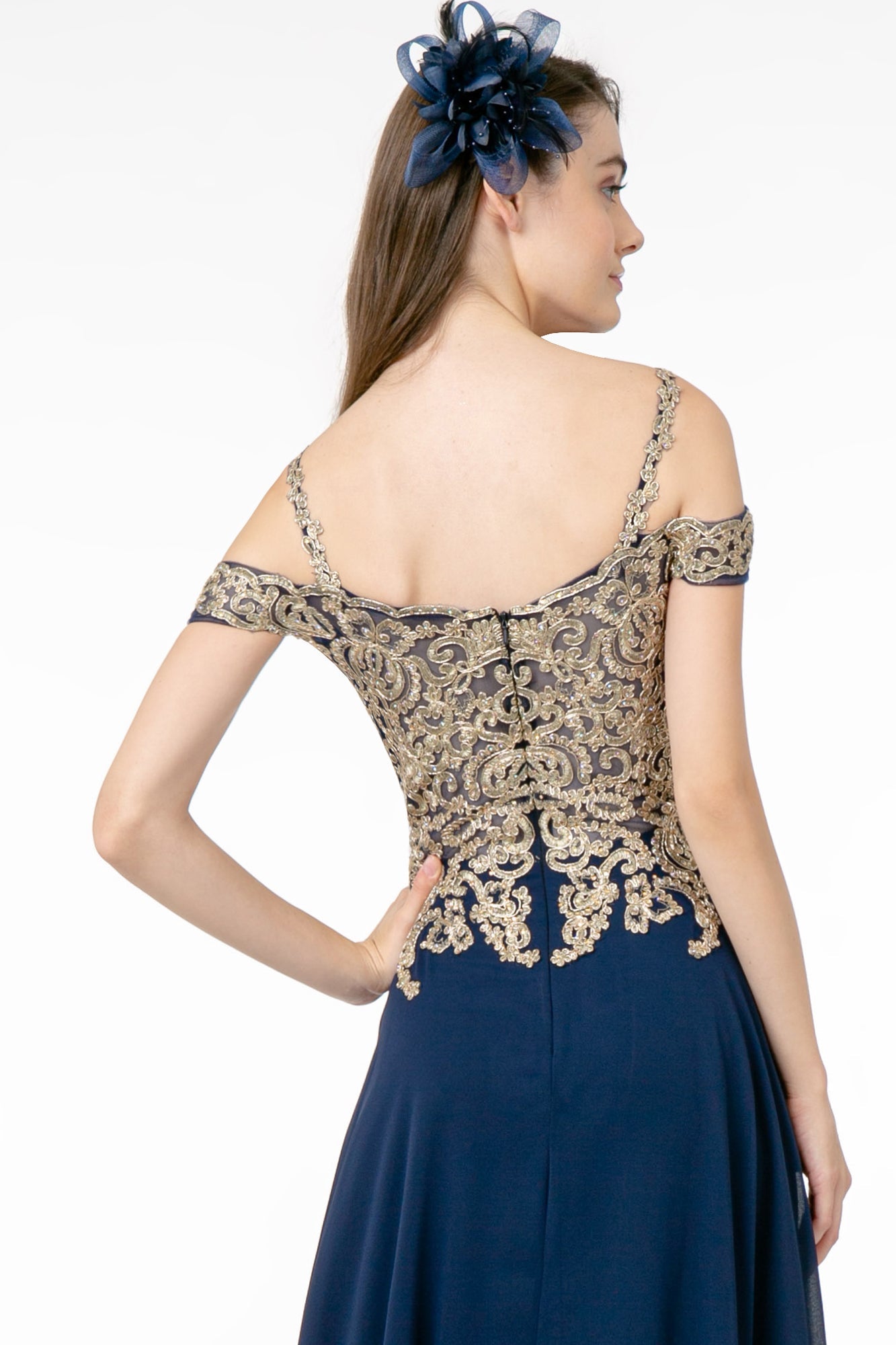Cut-Away Shoulder Embroidered Bodice Chiffon A-Line Dress - RoshelLuxe.com