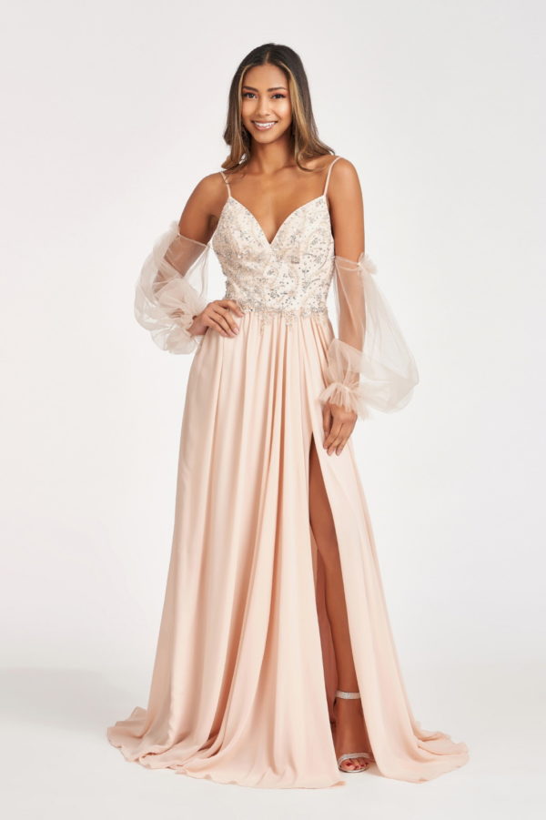 Detachable Mesh Sleeve V-Neck Chiffon Prom Dress - RoshelLuxe.com