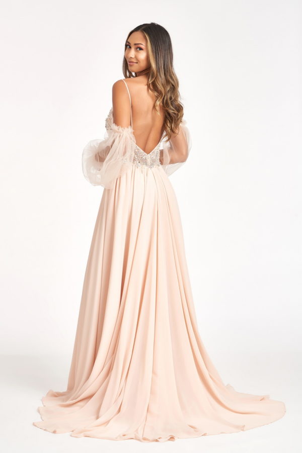 Detachable Mesh Sleeve V-Neck Chiffon Prom Dress - RoshelLuxe.com