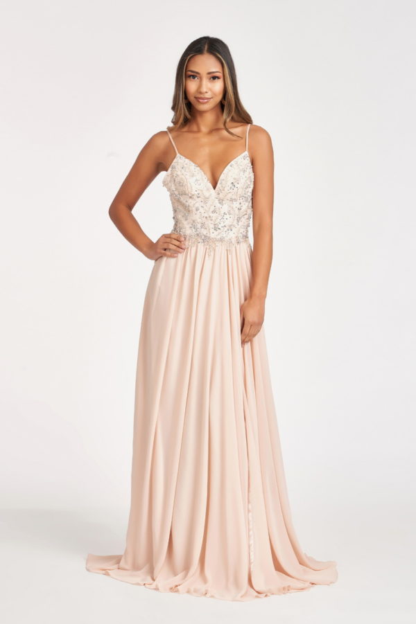 Detachable Mesh Sleeve V-Neck Chiffon Prom Dress - RoshelLuxe.com