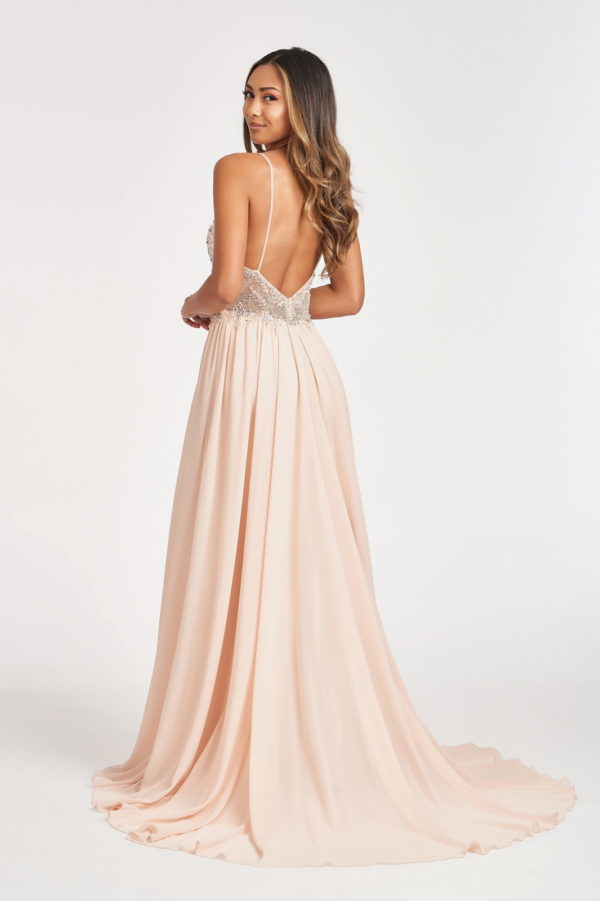 Detachable Mesh Sleeve V-Neck Chiffon Prom Dress - RoshelLuxe.com