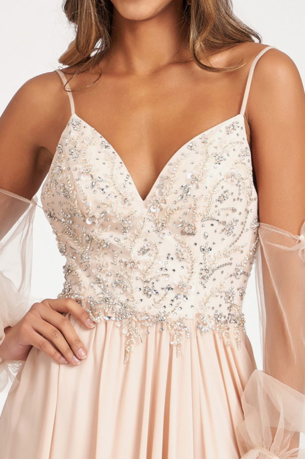 Detachable Mesh Sleeve V-Neck Chiffon Prom Dress - RoshelLuxe.com