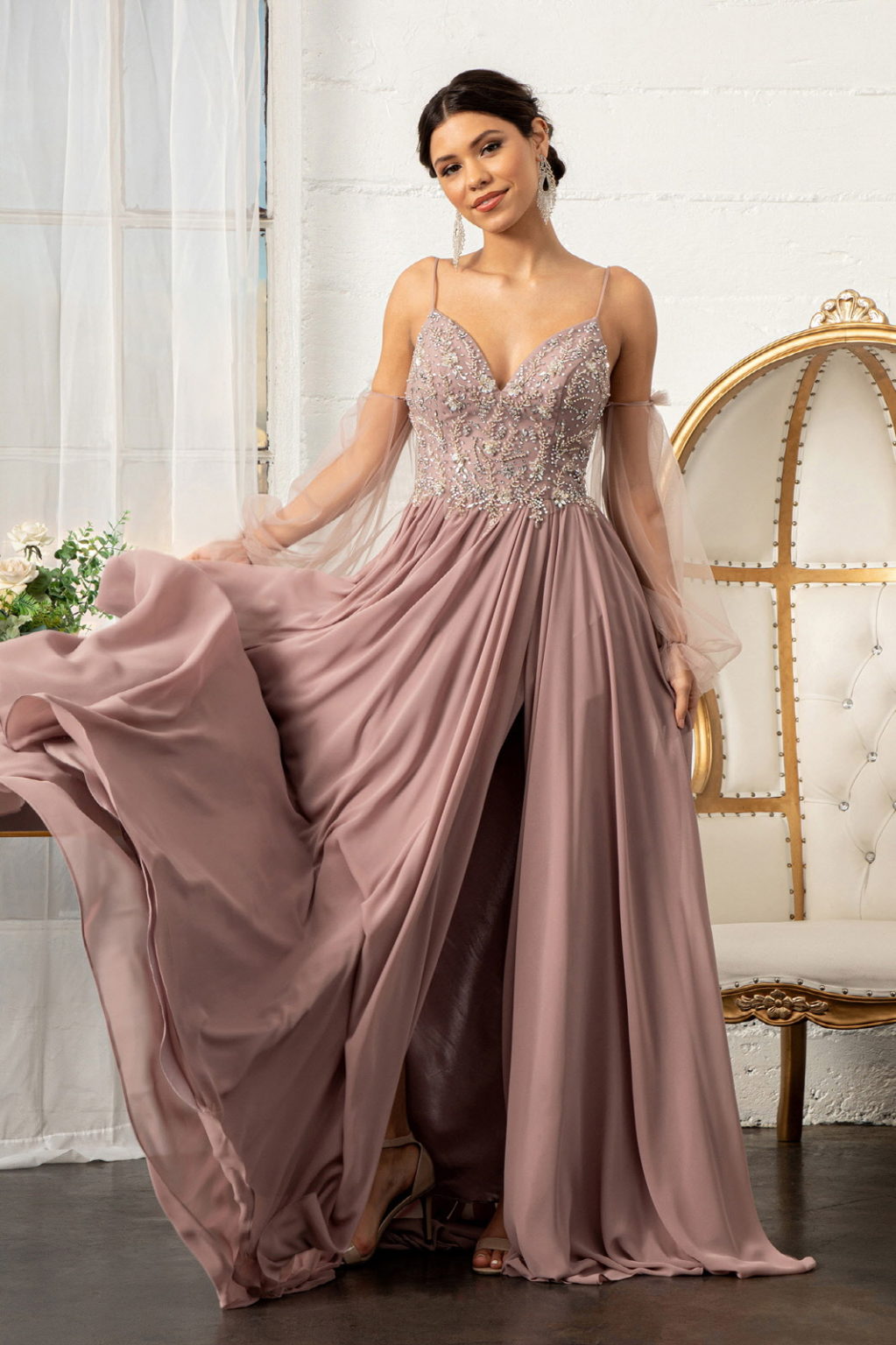 Detachable Mesh Sleeve V-Neck Chiffon Prom Dress - RoshelLuxe.com