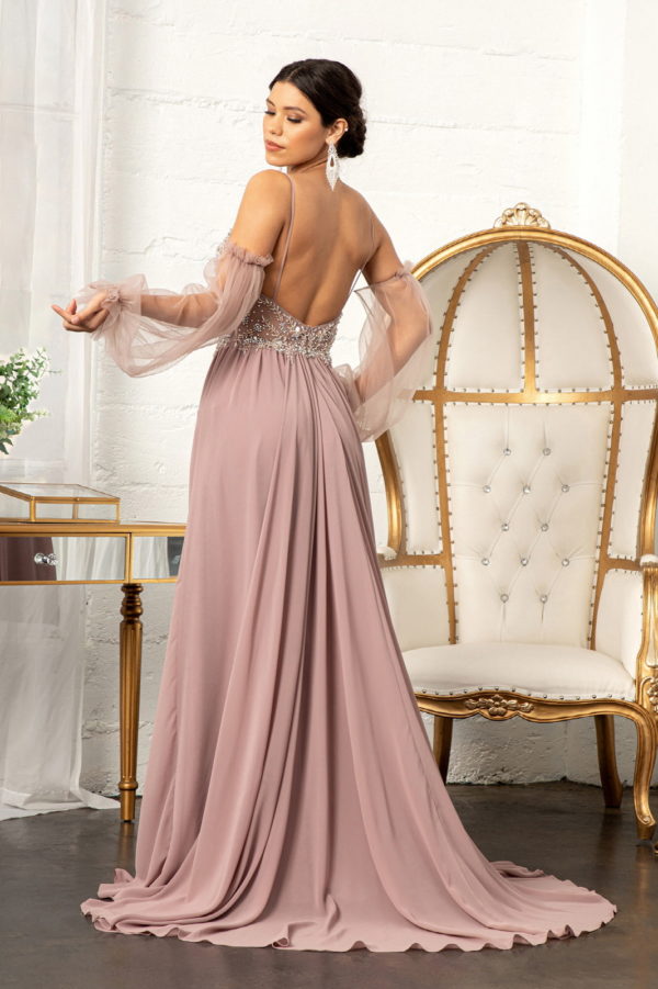 Detachable Mesh Sleeve V-Neck Chiffon Prom Dress - RoshelLuxe.com