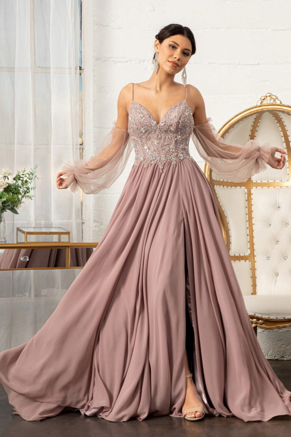 Detachable Mesh Sleeve V-Neck Chiffon Prom Dress - RoshelLuxe.com