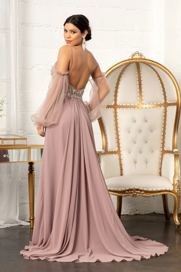 Detachable Mesh Sleeve V-Neck Chiffon Prom Dress - RoshelLuxe.com