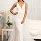 3-D Flower Applique Mermaid Mesh Wedding Gown w/ Detached Mesh Layer - RoshelLuxe.com