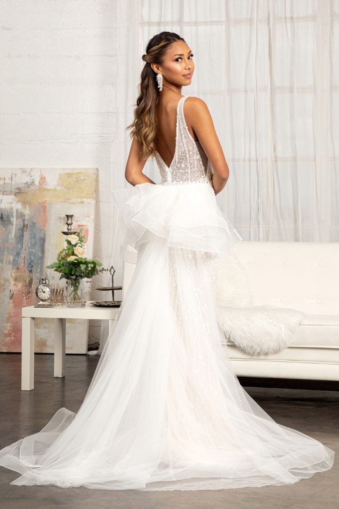 3-D Flower Applique Mermaid Mesh Wedding Gown w/ Detached Mesh Layer - RoshelLuxe.com