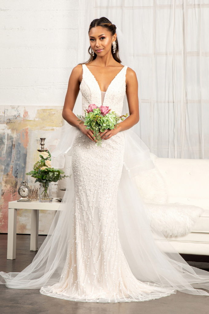 3-D Flower Applique Mermaid Mesh Wedding Gown w/ Detached Mesh Layer - RoshelLuxe.com