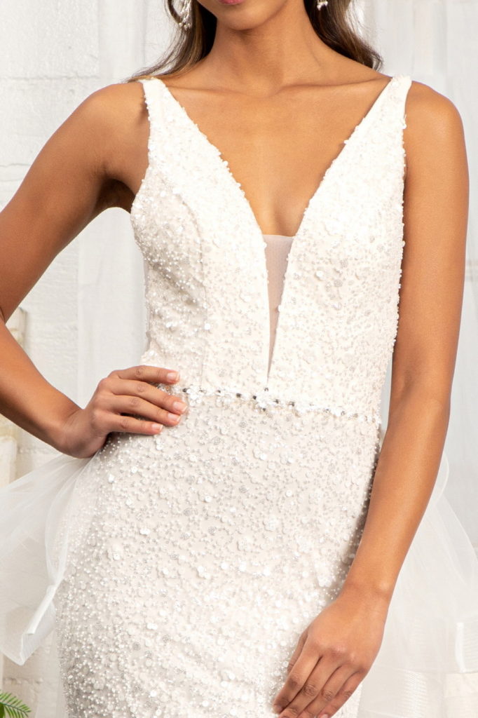 3-D Flower Applique Mermaid Mesh Wedding Gown w/ Detached Mesh Layer - RoshelLuxe.com