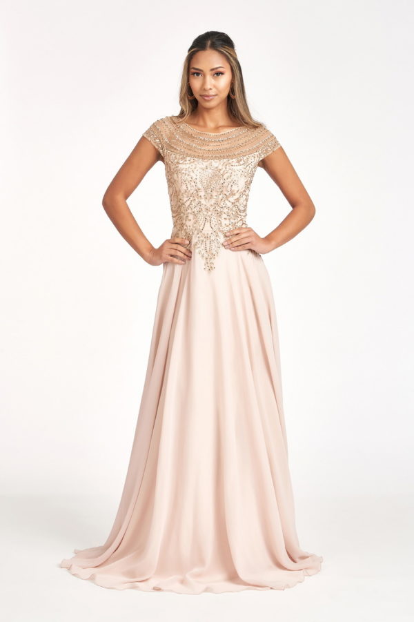 Beads Embellished Chiffon A-line Dress w/ Cap Sleeves - RoshelLuxe.com