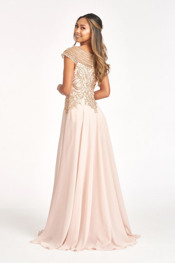 Beads Embellished Chiffon A-line Dress w/ Cap Sleeves - RoshelLuxe.com