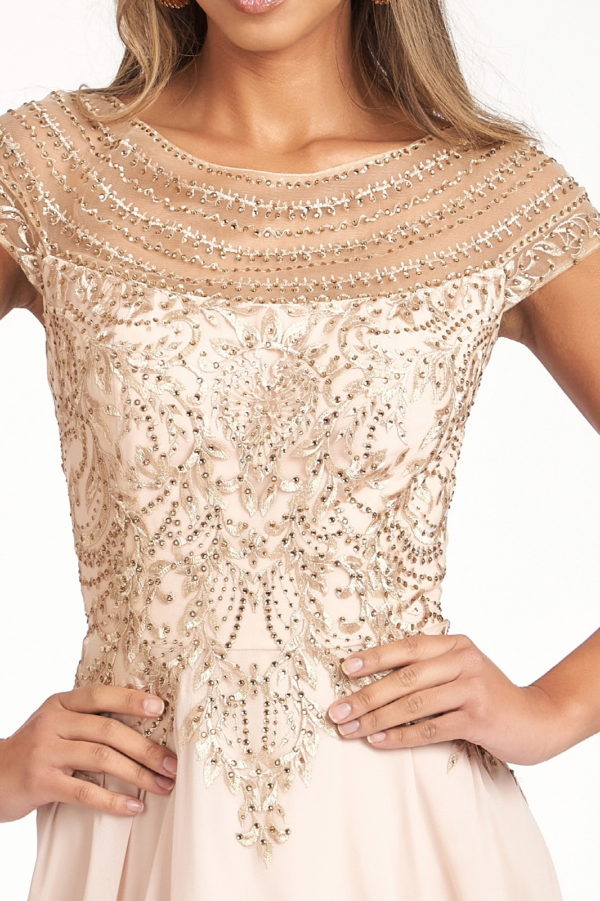 Beads Embellished Chiffon A-line Dress w/ Cap Sleeves - RoshelLuxe.com