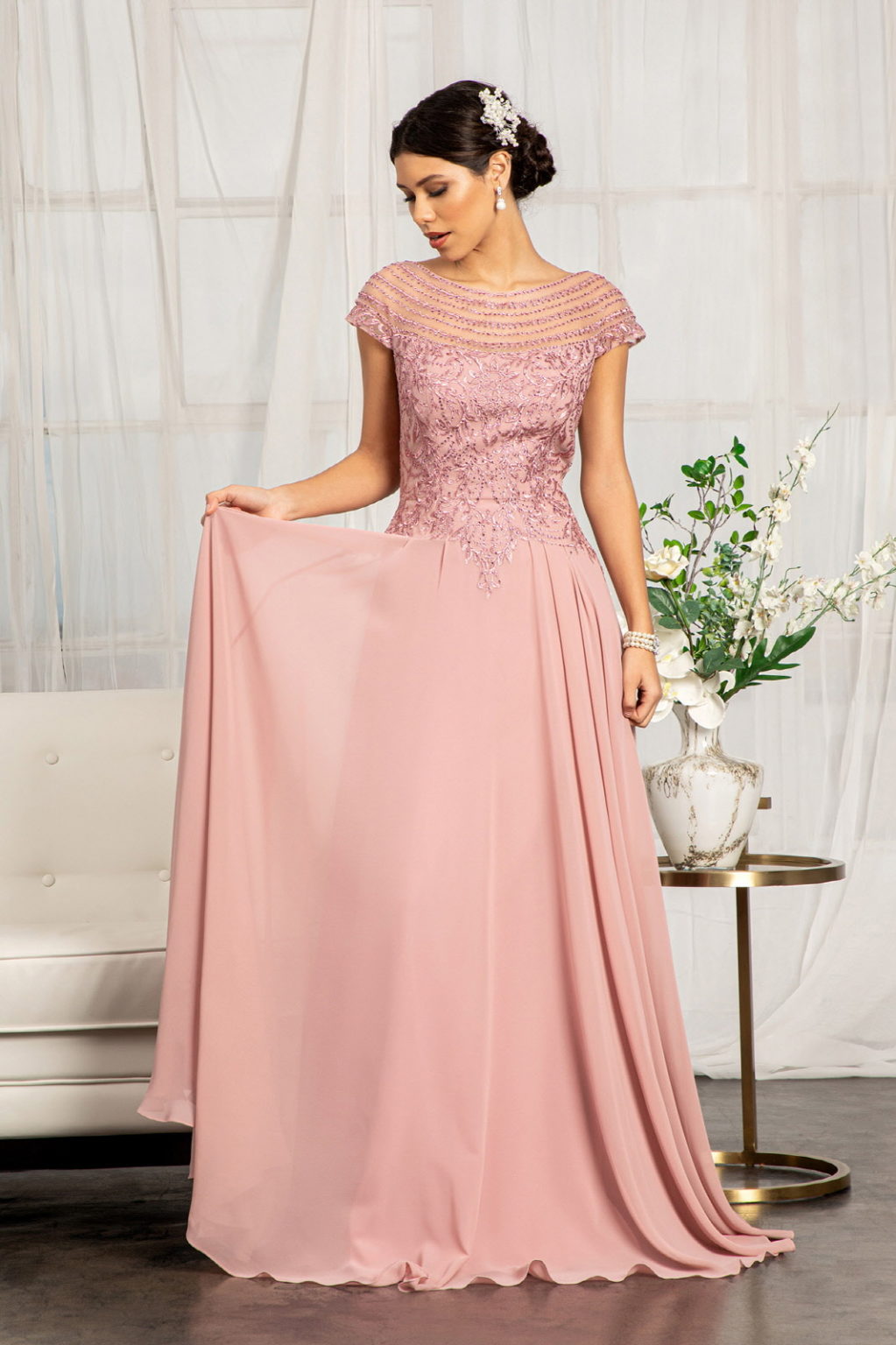 Beads Embellished Chiffon A-line Dress w/ Cap Sleeves - RoshelLuxe.com