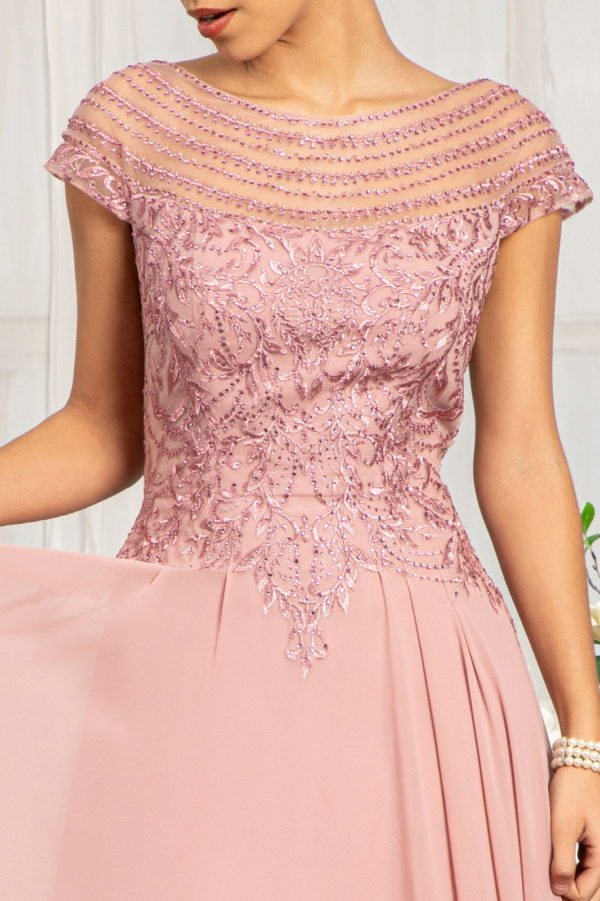 Beads Embellished Chiffon A-line Dress w/ Cap Sleeves - RoshelLuxe.com