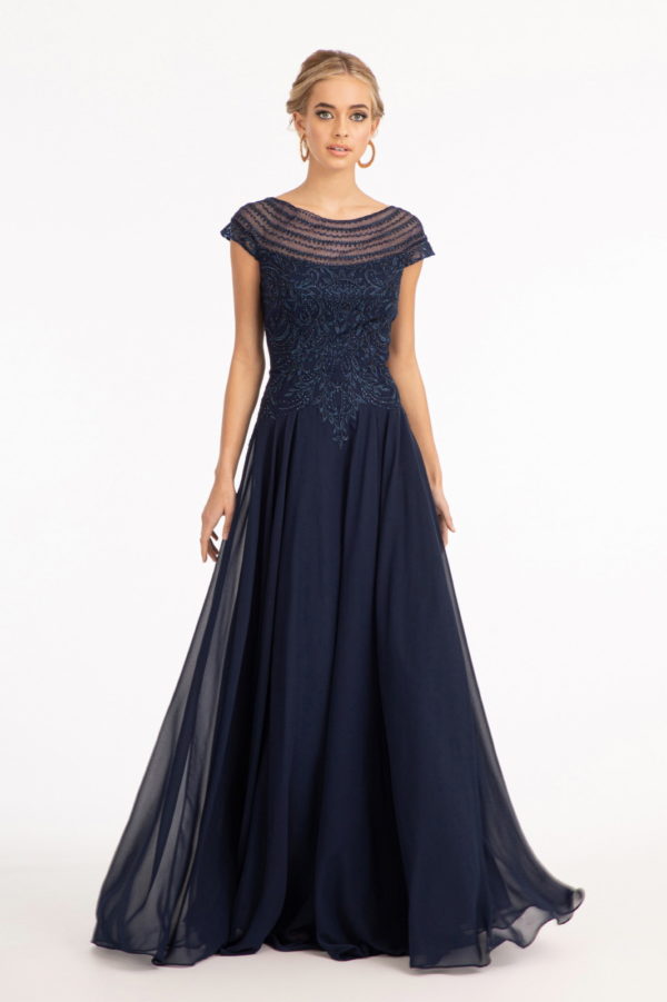 Beads Embellished Chiffon A-line Dress w/ Cap Sleeves - RoshelLuxe.com
