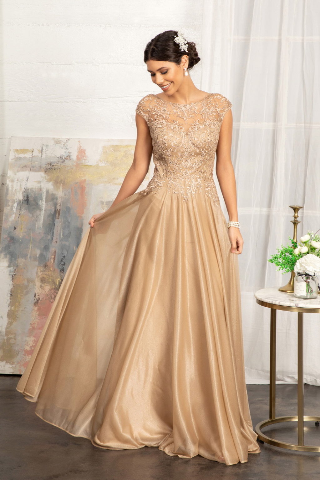 Beads Embellished Embroidered A-line Dress w/ Scoop-Neck - RoshelLuxe.com
