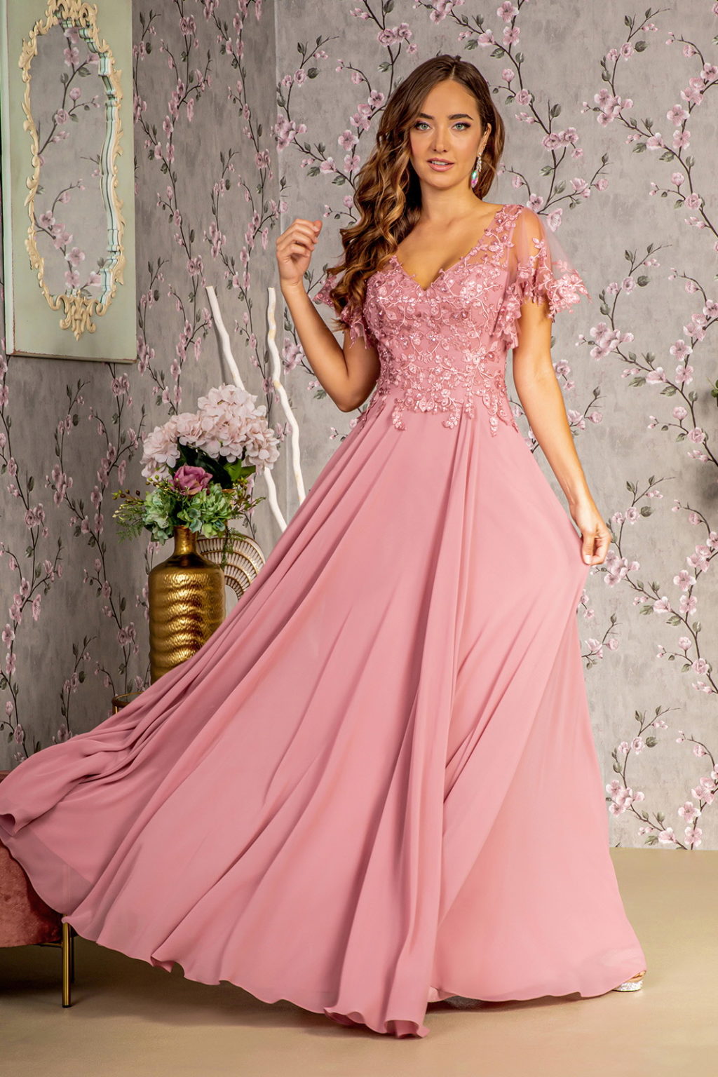 3-D Flower Embroidery Chiffon A-line Long Dress w/ Sheer Short Sleeves - RoshelLuxe.com