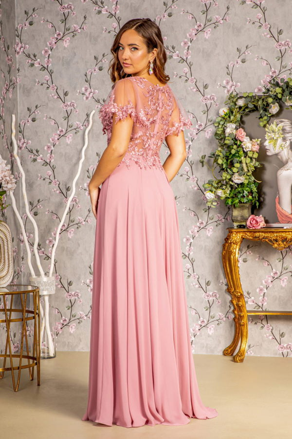 3-D Flower Embroidery Chiffon A-line Long Dress w/ Sheer Short Sleeves - RoshelLuxe.com