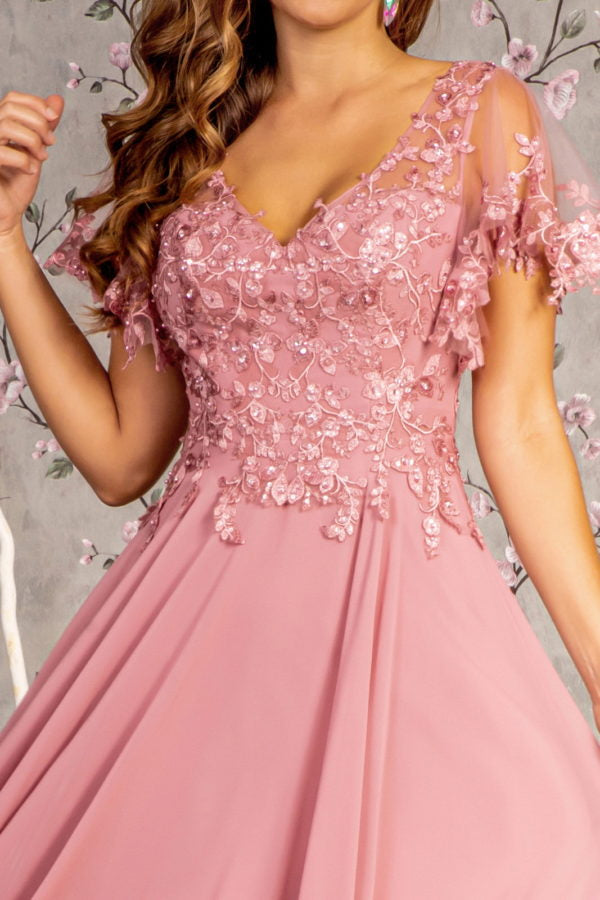 3-D Flower Embroidery Chiffon A-line Long Dress w/ Sheer Short Sleeves - RoshelLuxe.com