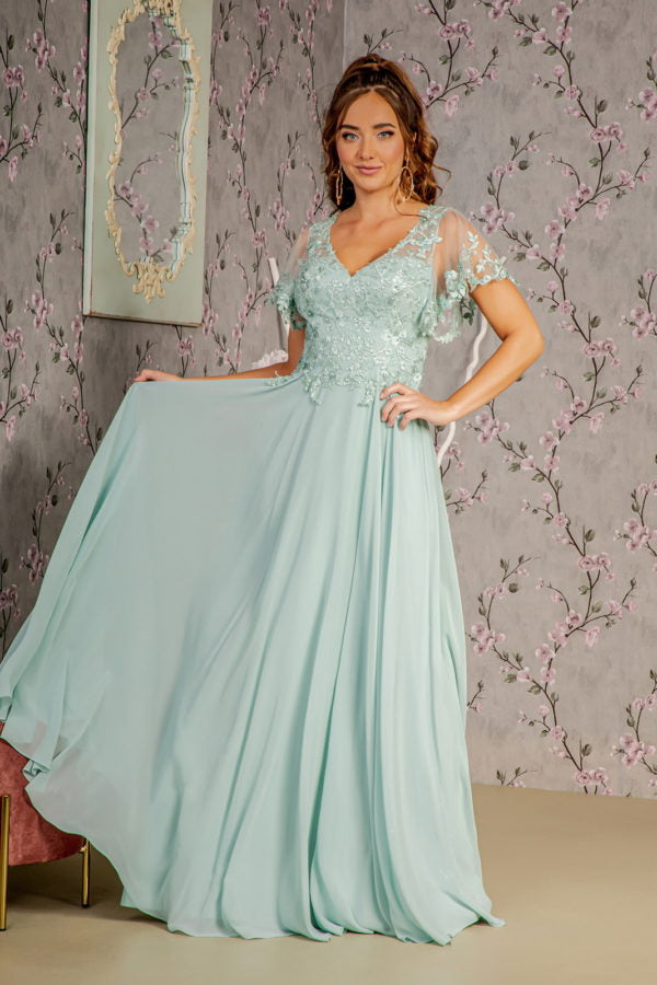 3-D Flower Embroidery Chiffon A-line Long Dress w/ Sheer Short Sleeves - RoshelLuxe.com