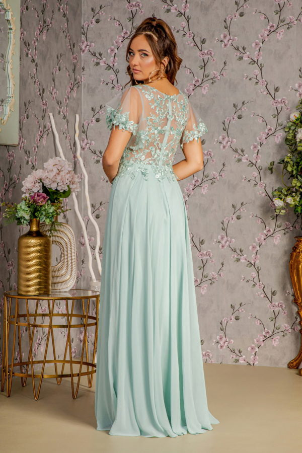 3-D Flower Embroidery Chiffon A-line Long Dress w/ Sheer Short Sleeves - RoshelLuxe.com