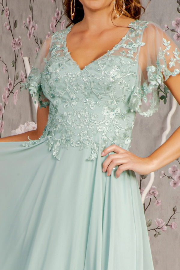 3-D Flower Embroidery Chiffon A-line Long Dress w/ Sheer Short Sleeves - RoshelLuxe.com