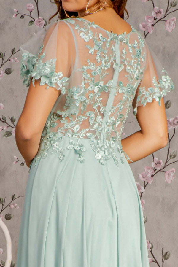 3-D Flower Embroidery Chiffon A-line Long Dress w/ Sheer Short Sleeves - RoshelLuxe.com