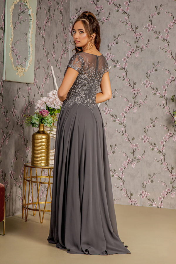 Bead Embroidery Sheer Neckline Chiffon A-line Long Dress - RoshelLuxe.com