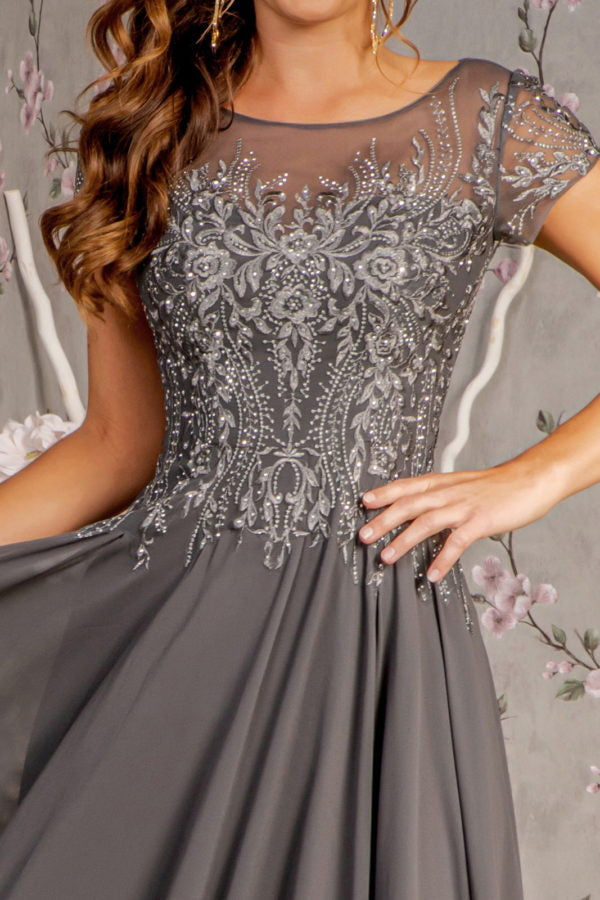 Bead Embroidery Sheer Neckline Chiffon A-line Long Dress - RoshelLuxe.com