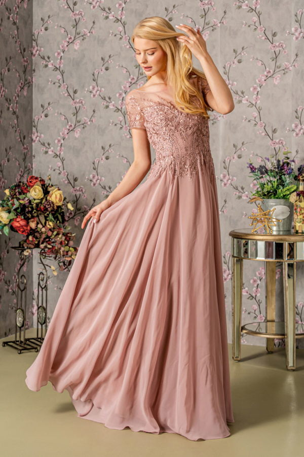 Bead Embroidery Sheer Neckline Chiffon A-line Long Dress - RoshelLuxe.com