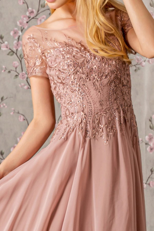 Bead Embroidery Sheer Neckline Chiffon A-line Long Dress - RoshelLuxe.com