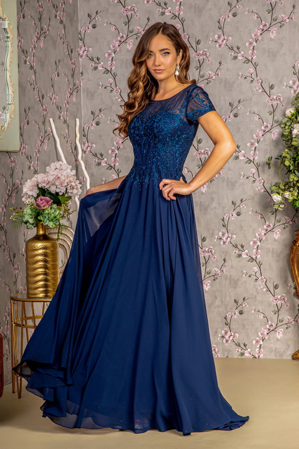 Bead Embroidery Sheer Neckline Chiffon A-line Long Dress - RoshelLuxe.com