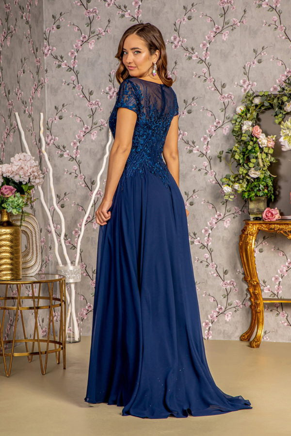 Bead Embroidery Sheer Neckline Chiffon A-line Long Dress - RoshelLuxe.com