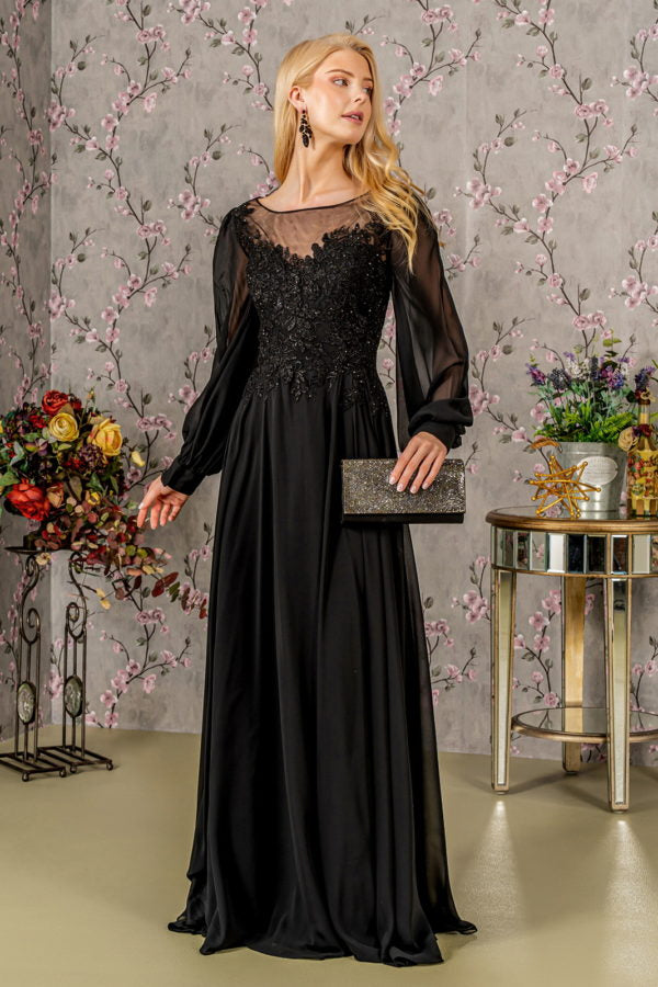 Floral Embroidery Sheer Boat Neckline Chiffon A-line Long Dress - RoshelLuxe.com