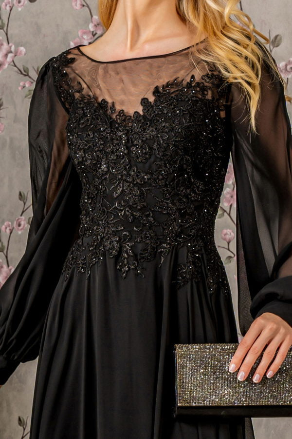 Floral Embroidery Sheer Boat Neckline Chiffon A-line Long Dress - RoshelLuxe.com