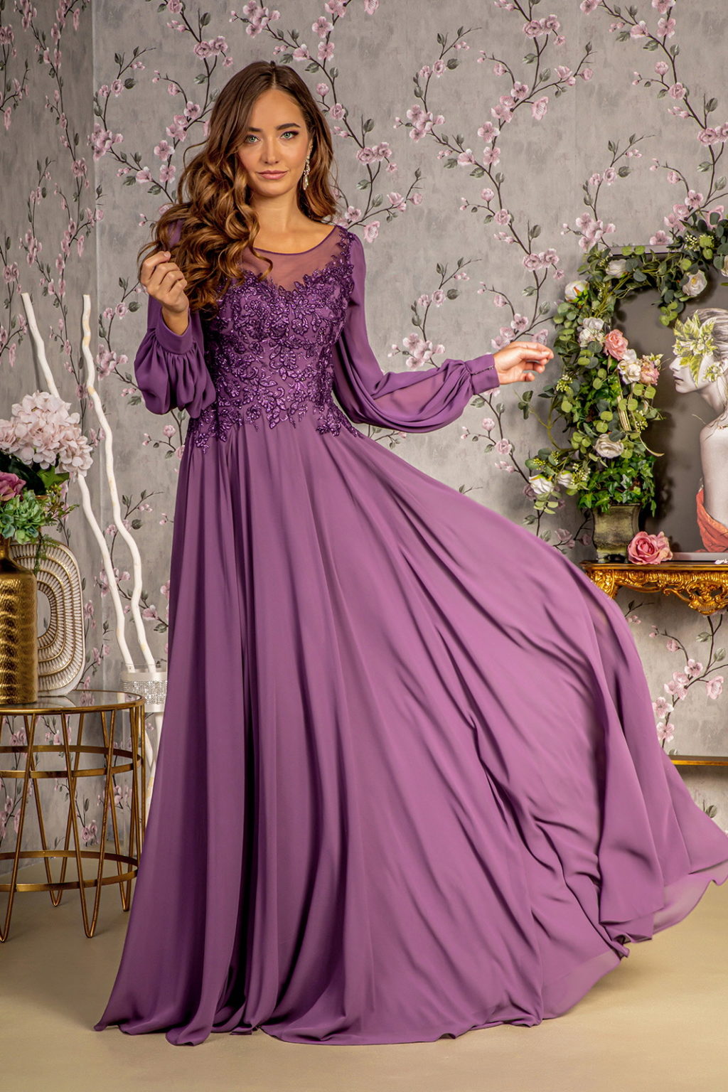 Floral Embroidery Sheer Boat Neckline Chiffon A-line Long Dress - RoshelLuxe.com