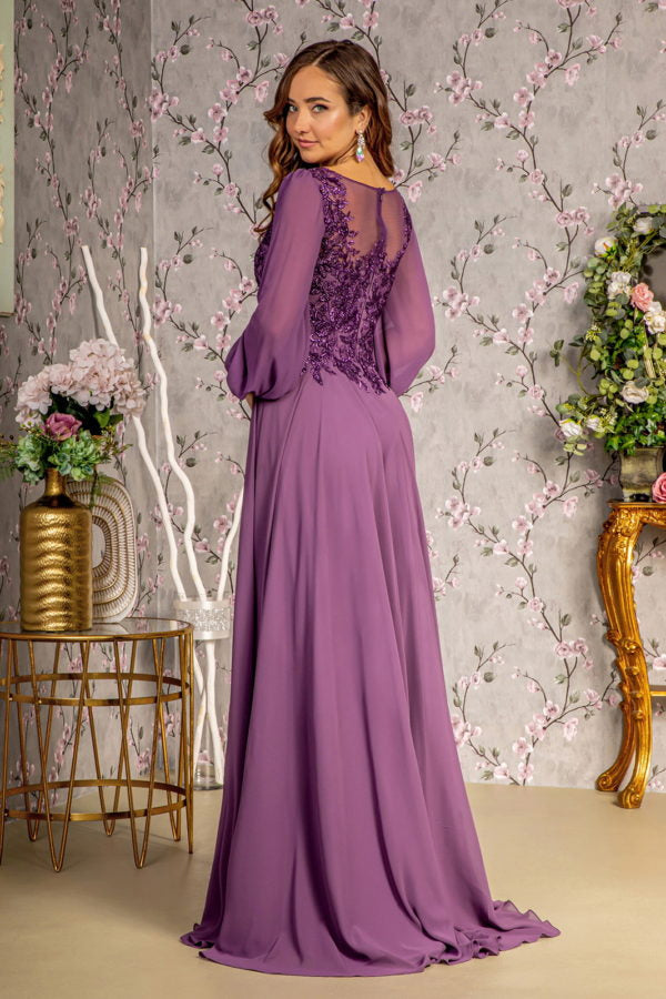 Floral Embroidery Sheer Boat Neckline Chiffon A-line Long Dress - RoshelLuxe.com